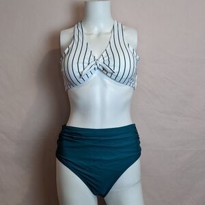 Cupshe Striped Halter Bikini In Blue And White Size Large
